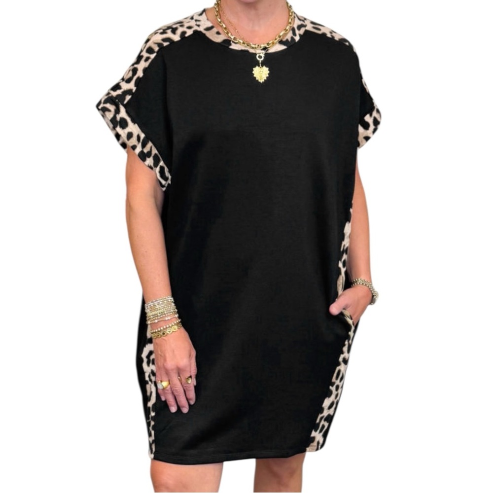 ONE LEFT! 5017. Black Dress with Leopard Print Accents
